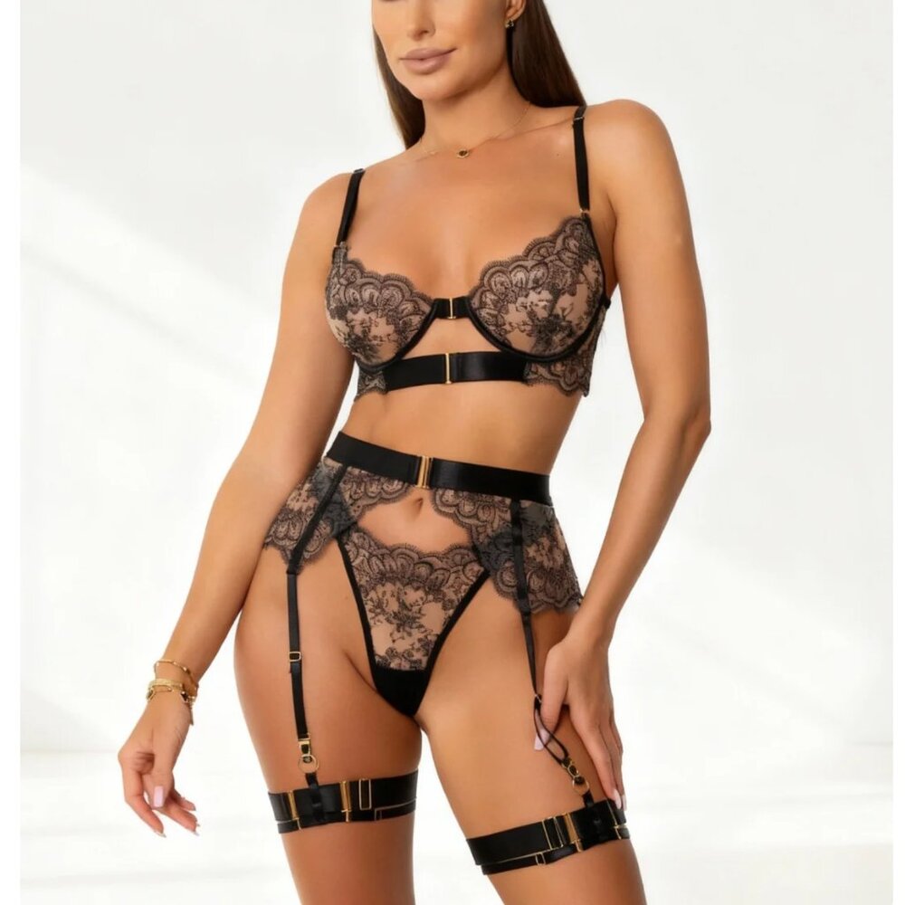 Lace Lingerie Set - Bra, Panties, Garter Belt and Garters